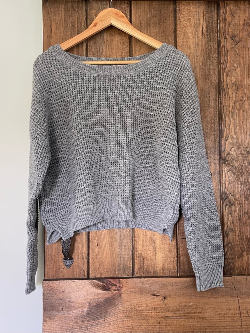 Dolled Up by Fang Grey Waffle Knit Boxy Crop Crewneck Sweater XL